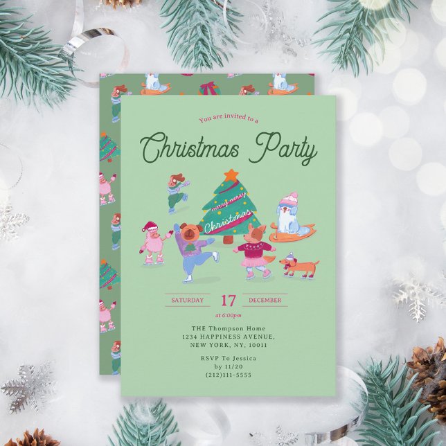 Hunde Ice Skaten Pistachio Grün Weihnachten Party Einladung (Von Creator hochgeladen)