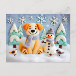 Hunde im Schnee spielen mit Schneemann und Vögeln Postkarte