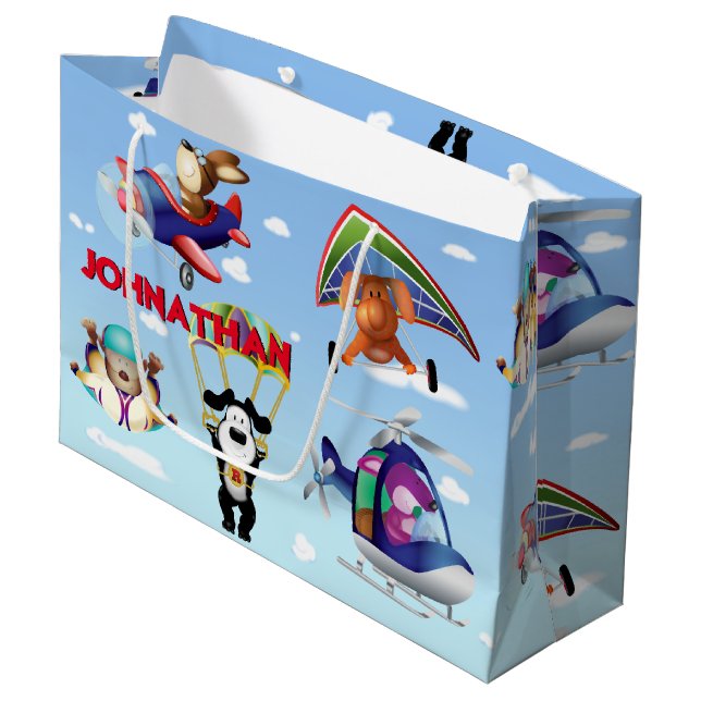 Hunde in der Luftfahrt personalisieren Große Geschenktüte (Vorderseite Schrägansicht)
