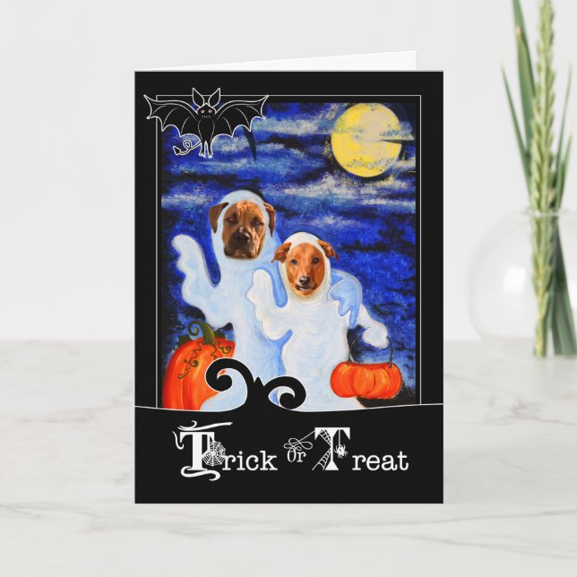 Hunde in Geisterkostümen, sonniges Halloween Karte (Vorderseite)
