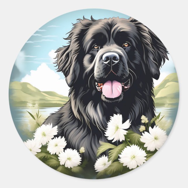 Hunde in Neufundland mit weißen Blume Runder Aufkleber (Vorderseite)