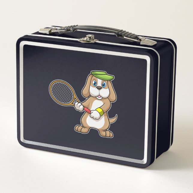 Hunde in Tennis mit Tennisschläger & Cap Metall Brotdose (Vorderseite)