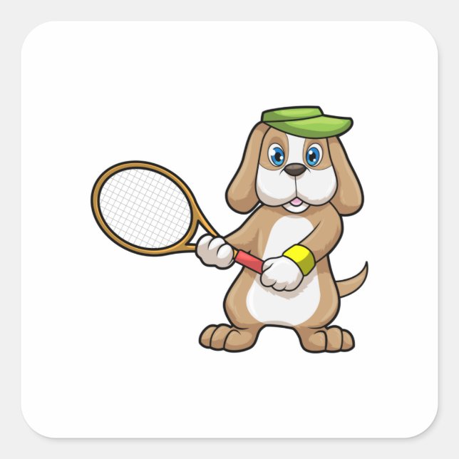 Hunde in Tennis mit Tennisschläger & Cap Quadratischer Aufkleber (Vorderseite)