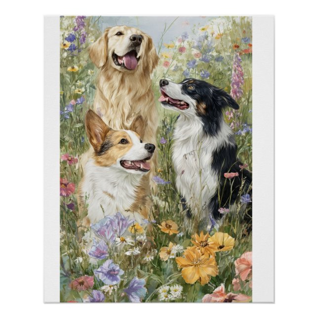Hunde in Wildblumen Poster (Vorderseite)