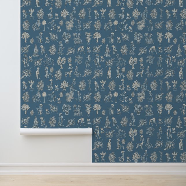 Hunde Lady Toile de Jouy Dark Türkise Tapete (Anwendung)