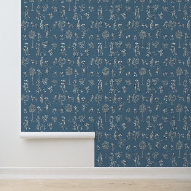 Hunde Lady Toile de Jouy Dark Türkise Tapete (Anwendung)