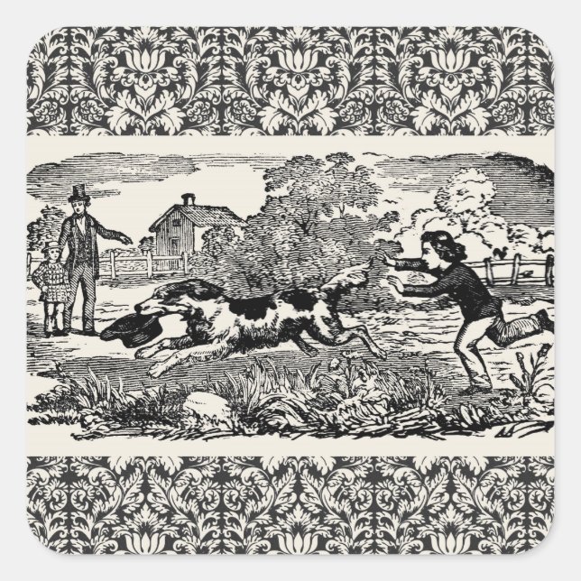 Hunde laufen antike Haustierkunst viktorianische A Quadratischer Aufkleber (Vorderseite)