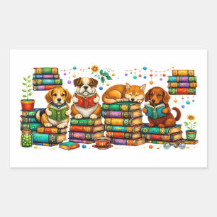 Hunde lesen Bücher Cozy Library Szene Rechteckiger Aufkleber