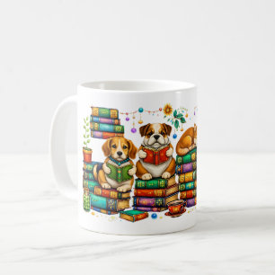 Hunde lesen Bücher Gemütliche Bibliotheksszene Kaffeetasse