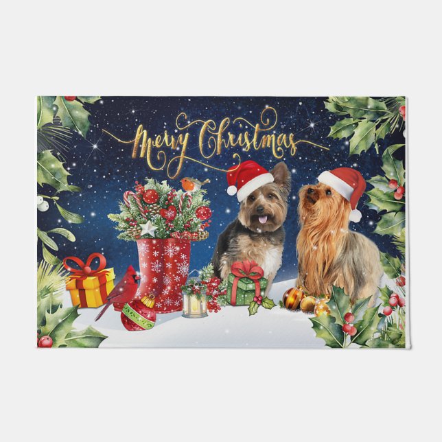 Hunde lieben Geschenke, Urlaub vor der Tür, Winter Fußmatte (Vorderseite)