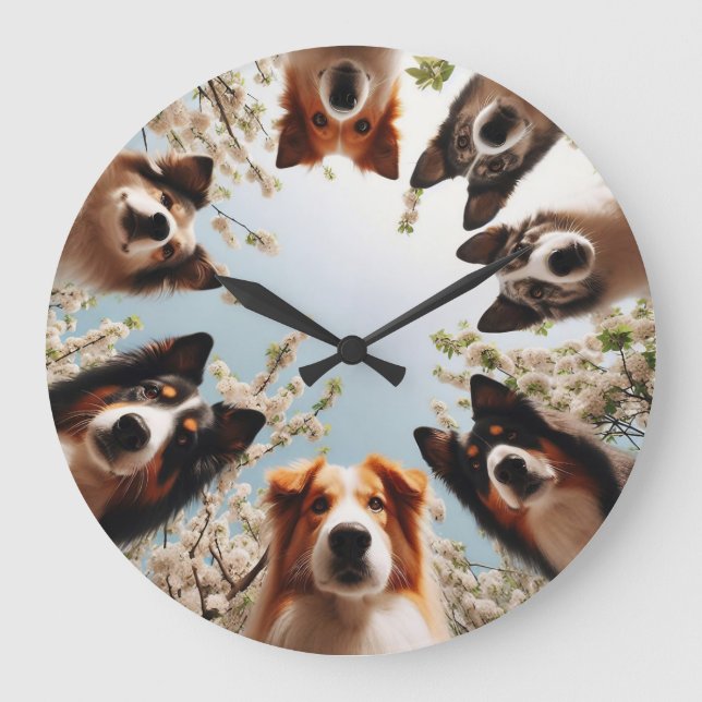 Hunde lieben Spaß Niedliche Hundeschlittenuhr Große Wanduhr (Vorderseite)