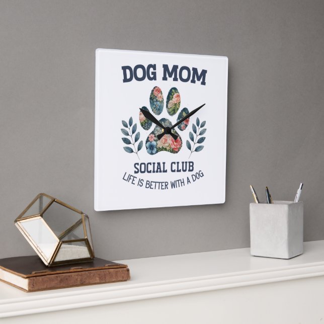 Hunde Mama Paw Floral Quadratische Wanduhr (Büro)