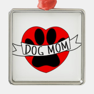 Hunde Mama Paw und Rotes Herz Zeichnend Silbernes Ornament