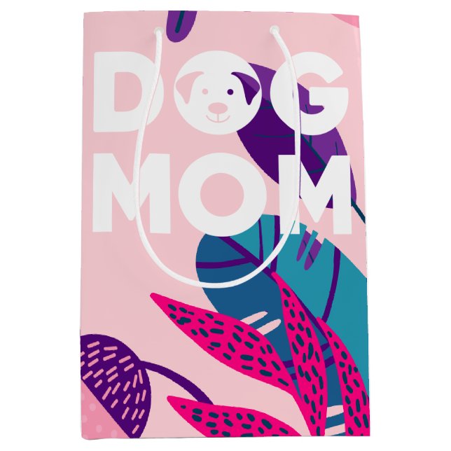 Hunde Mama, rosa Blume und Blätter Mittlere Geschenktüte (Vorderseite)