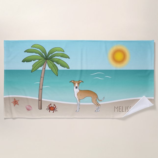 Hunde mit braunem und weißem Iggy an einem tropisc Strandtuch (Vorderseite)