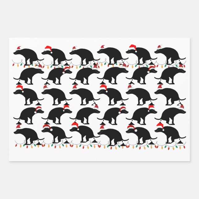 Hunde mit Weihnachtsmannmützen und Kackend Geschenkpapier Set (Vorderseite)