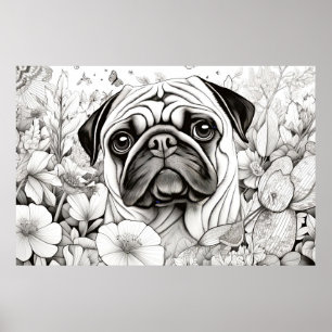 Hunde Mops Friedlich Natur Prärie Sketch Zeichnend Poster