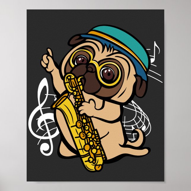 Hunde Mops Saxophon Musiker Poster (Vorne)