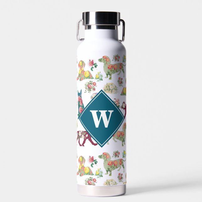 Hunde Muster und Vintage Blume Monogramm Trinkflasche (Vorne)