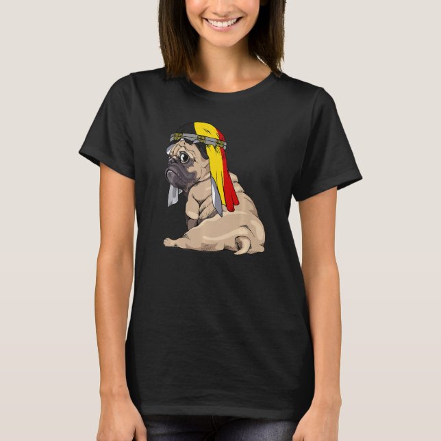 Hunde Niedlicher Mops Retro Belgien Flaggenstand T-Shirt (Vorderseite)
