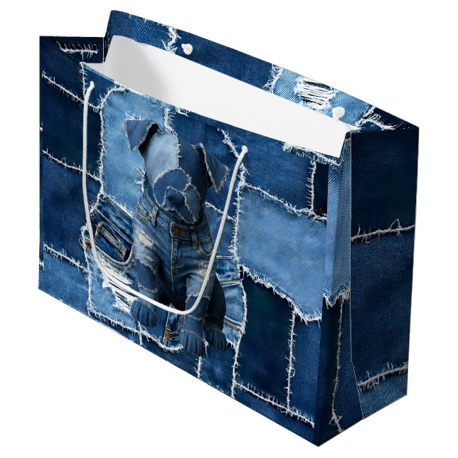 Hunde-Patchwork-Kunst-Denim Große Geschenktüte (Vorderseite Schrägansicht)