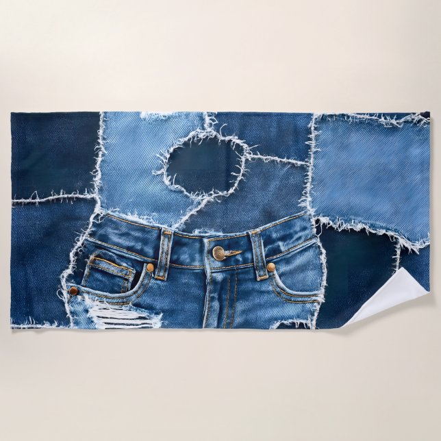 Hunde-Patchwork-Kunst-Denim Strandtuch (Vorderseite)