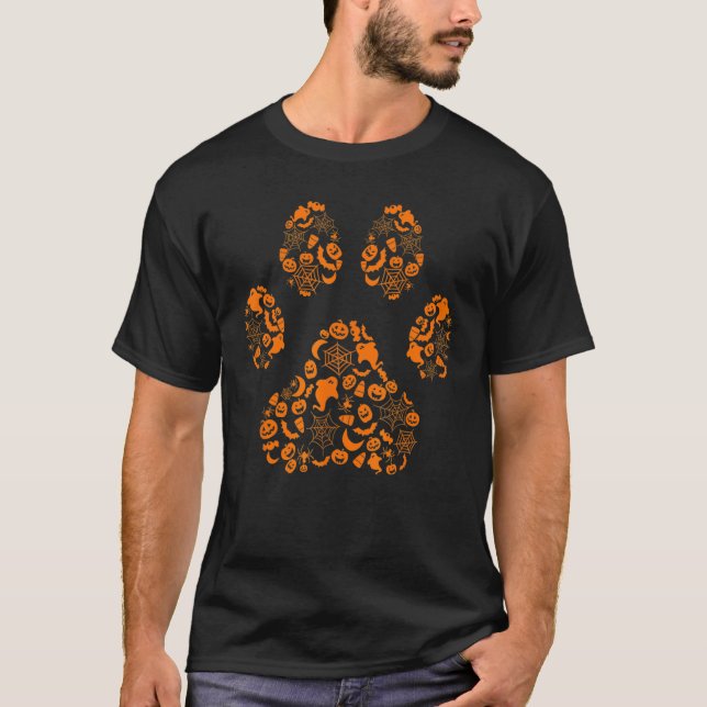 Hunde Pau Print Halloween Silhoutte Hund Welpe Fuß T-Shirt (Vorderseite)