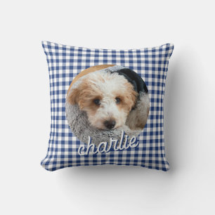 Hunde Personalisiertes Foto Name Blau Kariert Kissen
