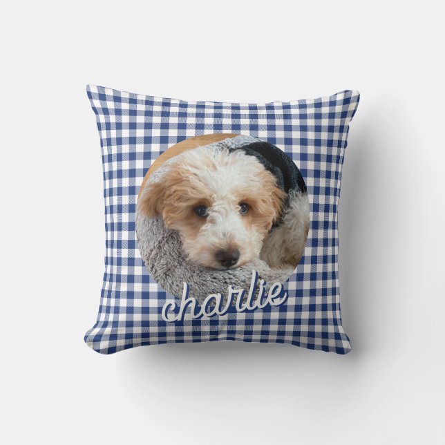 Hunde Personalisiertes Foto Name Blau Kariert Kissen (Vorderseite)
