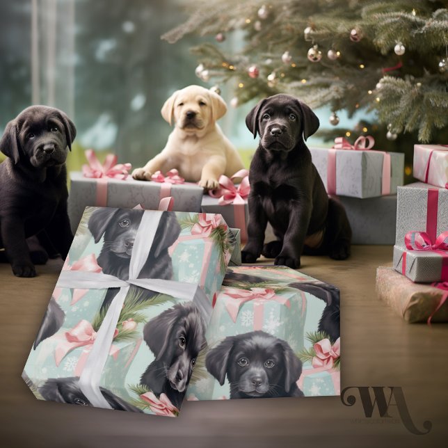 Hunde Pink und Blue Holiday Black Lab Welpen Geschenkpapier (Von Creator hochgeladen)