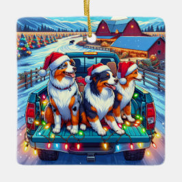 Hunde reiten im Lieferwagen LKW zu Weihnachten im  Keramikornament