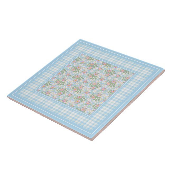 Hunde Rose Blume und Blue Karos Keramik Tile Fliese (Seite)