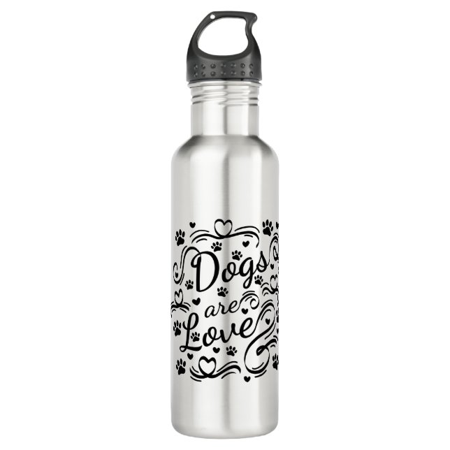 Hunde sind Liebe Pfoten und Herztypografie Edelstahlflasche (Vorderseite)
