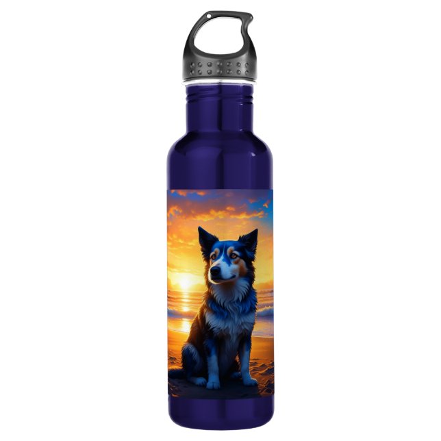 Hunde sitzen am Ocean Beach bei Sunset Edelstahlflasche (Vorderseite)