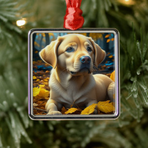 Hunde spielen in Herbstlauben Ornament Aus Metall