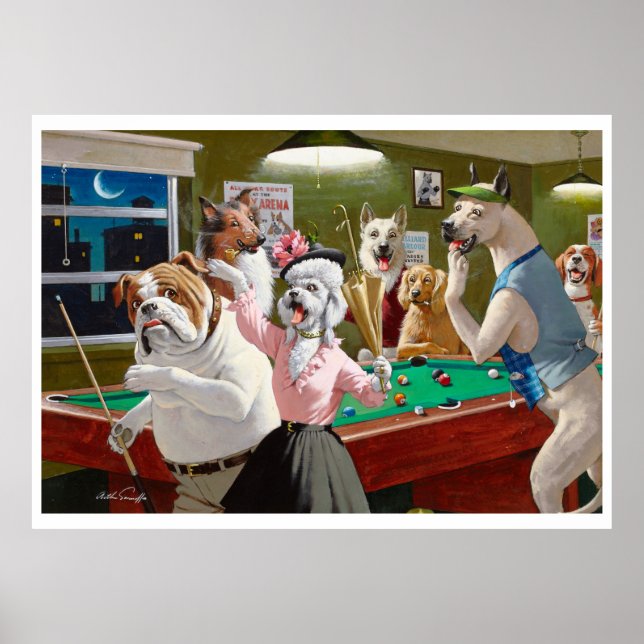 Hunde spielen Pool - bei Morgengrauen gekratzt Poster (Vorne)