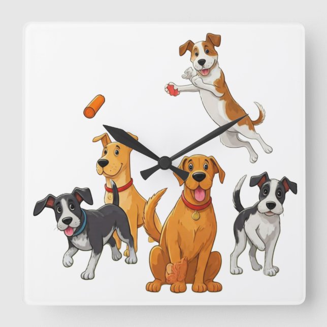 Hunde spielen quadratische wanduhr (Vorderseite)