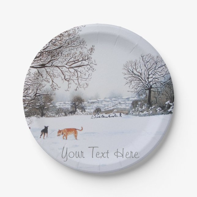 Hunde spielen Winterschneelandschaft Weihnachten Pappteller (Vorderseite)