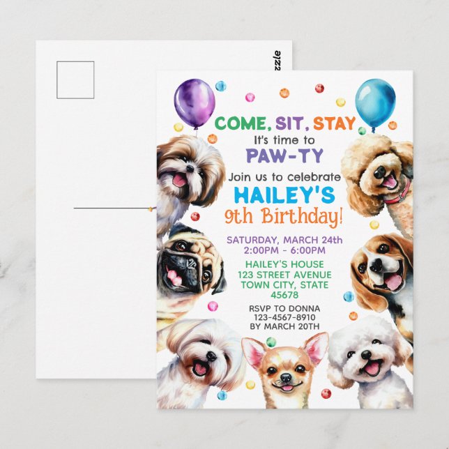 Hunde Thema 9th Birthday Party Einladung Postkarte (Vorne/Hinten)