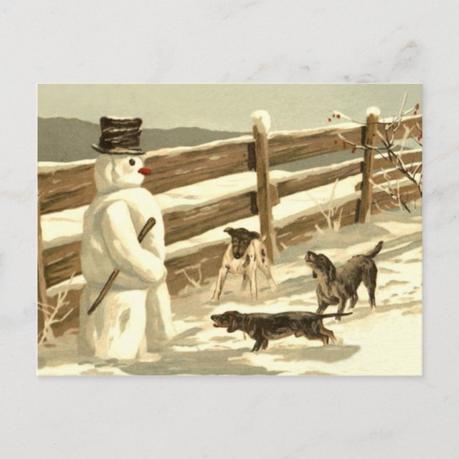 Hunde treffen auf Schneemann am Zaun, klassischer  Postkarte (Vorderseite)