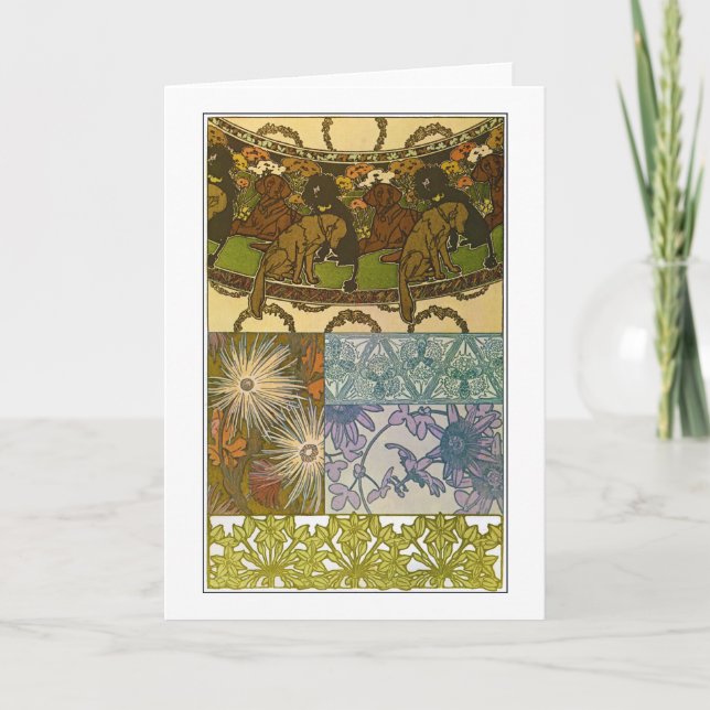 Hunde und Blume im Jugendstil, Mucha Karte (Vorderseite)