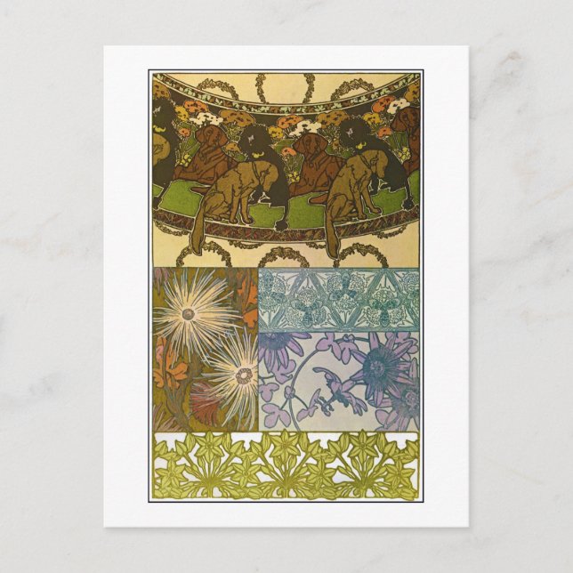 Hunde und Blume im Jugendstil, Mucha Postkarte (Vorderseite)
