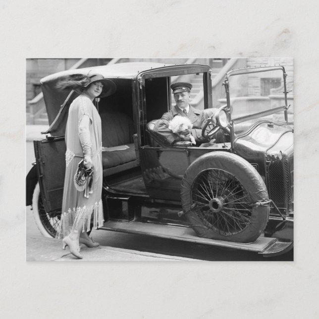 Hunde und Chauffeur, 20er Jahre Postkarte (Vorderseite)