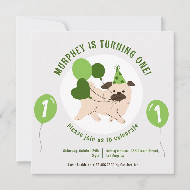 Hunde und Grünballons zum Geburtstag Einladung (Vorderseite)