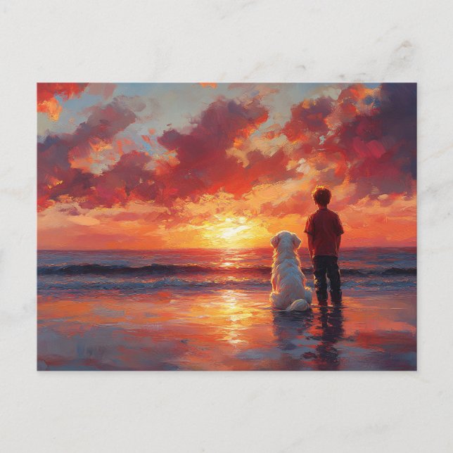 Hunde und Junge beobachten Sonnenuntergang am Stra Postkarte (Vorderseite)