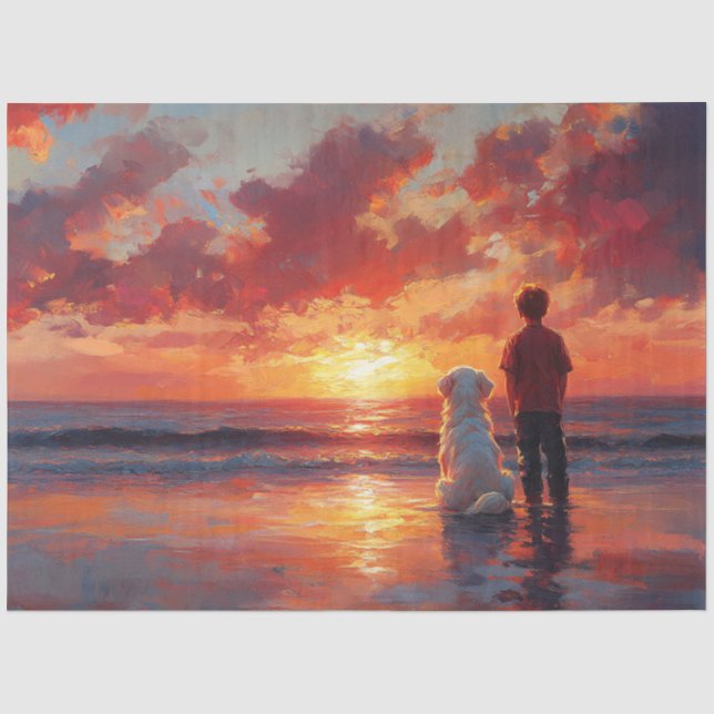 Hunde und Junge beobachten Sonnenuntergang am Stra Seidenpapier (Vorderseite)