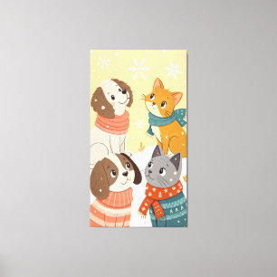 Hunde und Katze in Pullover und Schals mit Schneef Leinwanddruck