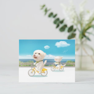 Hunde und Katzen Fahrradfahren am Meer Ankündigungspostkarte