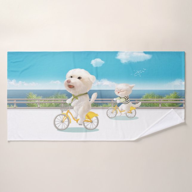 Hunde und Katzen Fahrradfahren am Meer Badehandtuch (Badehandtuch)