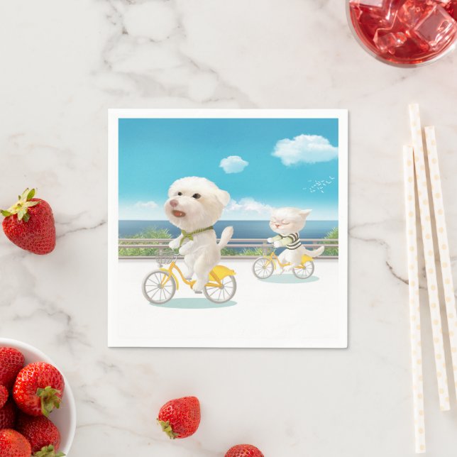 Hunde und Katzen Fahrradfahren am Meer Serviette (Beispiel)
